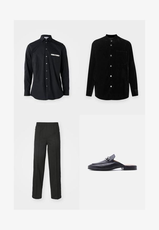 Sort velour skjorte med mandarin-krave, lange ærmer, fem knaplukning fortil og en enkelt brystlomme. Blød tekstur og glat finish.; Sort langærmet skjorte med knapper og krave, der har en sølvfarvet båndlomme. Glat stof, klassisk pasform og knaplukning.; Sorte bukser lavet af strækbart stof, med lige snit, sidelommer med lynlås og en glat tekstur uden synlige mønstre.; Sorte læder slip-on mules med tekstureret overflade, rundet tå og metalhardware. Flad hæl og minimalistisk design.