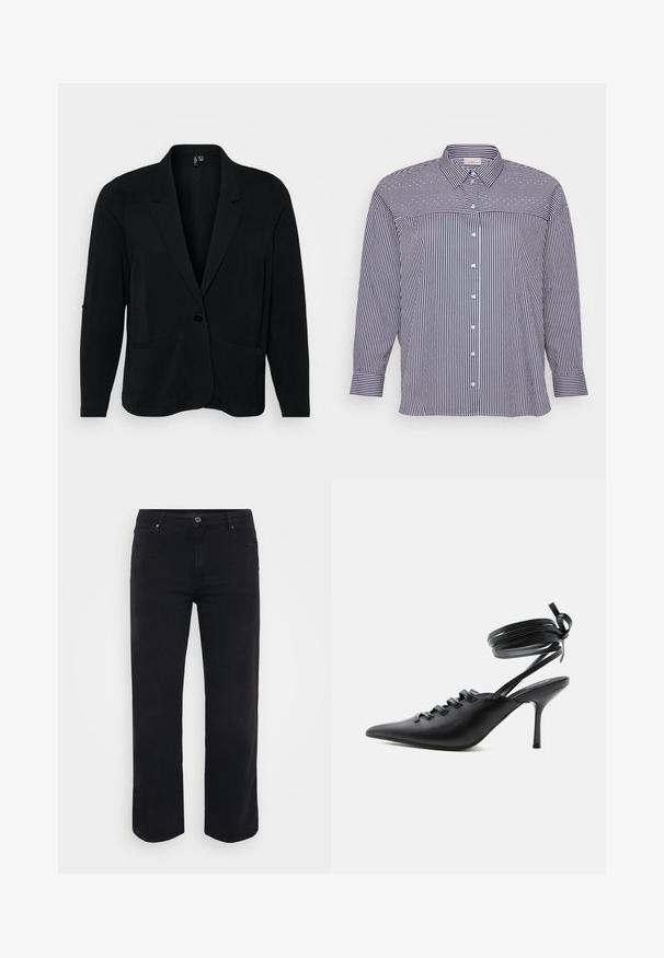 Blazer negro hecho de tejido texturizado, con solapa muesca, cierre de un solo botón y dos bolsillos frontales. Corte relajado con mangas largas.; Camisa de botones a rayas con mangas largas, que presenta líneas verticales en azul marino y blanco, un cuello clásico y un dobladillo recto. Detalles de botones en la parte delantera.; Jeans de denim negro con un diseño de pierna recta. Las características incluyen un cierre de botón en la cintura, trabillas para cinturón y bolsillos delanteros y traseros. Textura suave.; Zapato de tacón alto negro con punta puntiaguda, con cordones en la parte delantera y correas que rodean el tobillo atadas con un lazo, mostrado de lado sobre un fondo blanco.