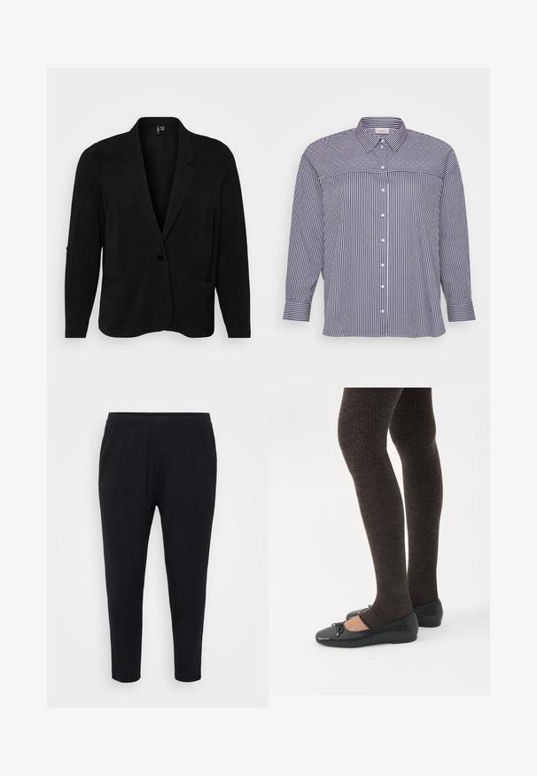 Čierny blazer vyrobený z textúrovaného materiálu, s klopovými reverzmi, jedným gombíkom a dvoma prednými vreckami. Uvoľnený strih s dlhými rukávmi.; Prúžkovaná košeľa na gombíky s dlhými rukávmi, s námorníckymi a bielymi vertikálnymi pruhmi, klasickým golierom a rovného strihu. Gombíkové detaily na prednej strane.; Čierne nohavice s voľným strihom, elastickým pásom a jemnými skladačkami. Vyrobené z mäkkej textílie, s priliehavými nohavicami a bez vreciek.; Nohy v tmavých pásikavých legínach v kombinácii s čiernymi balerínkami s malými mašličkami na bielom pozadí.