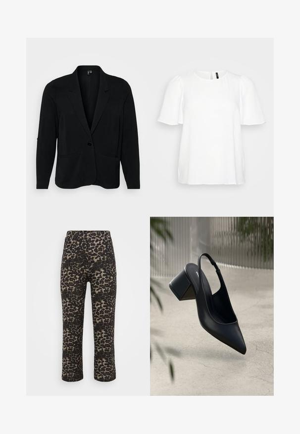 Blazer negro hecho de tejido texturizado, con solapa muesca, cierre de un solo botón y dos bolsillos frontales. Corte relajado con mangas largas.; Blusa blanca de manga corta con un cuello redondo y suaves pliegues en las mangas. Textura suave con un detalle de cierre en la parte posterior con botón.; Pantalones de estampado de leopardo en negro y beige, con corte recto, cinturilla elástica y textura suave.; Zapato de tacón slingback de cuero negro con punta afilada y tacón cuadrado. Textura suave, diseño minimalista y correa ajustable en el tobillo.