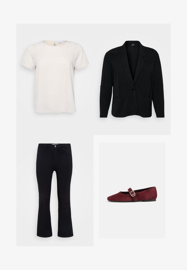 Blazer negro hecho de tejido texturizado, con solapa muesca, cierre de un solo botón y dos bolsillos frontales. Corte relajado con mangas largas.; Camiseta de manga corta y cuello redondo en tejido beige claro con una textura suave; presenta un detalle de abertura en la parte posterior y un corte relajado.; ONLY Carmakoma Flared fit CARTHUNDER Mid waist - Vaqueros a campana - black denim; Zapato Mary Jane plano de ante burdeos con correa de hebilla dorada y suela negra, mostrado de lado sobre un fondo blanco.