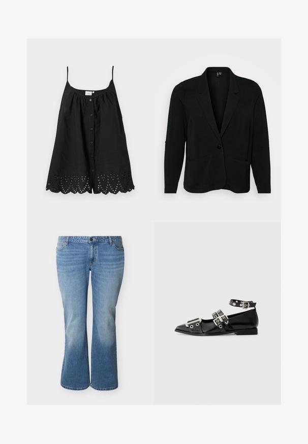 Blazer noir en tissu texturé, avec un col cranté, une fermeture à un bouton et deux poches avant. Coupe décontractée avec manches longues.; Blouse noire sans manches avec fines bretelles, boutons sur le devant et ourlet festonné avec motifs de feuilles découpées brodées.; Jean en denim bleu clair avec une taille haute, des jambes légèrement évasées, une fermeture à boutons sur le devant et un style cinq poches.; Chaussure plate noire à bout pointu avec trois sangles argentées à boucle, bride au niveau de la cheville avec œillets, et détail métallique au niveau de la zone des orteils.