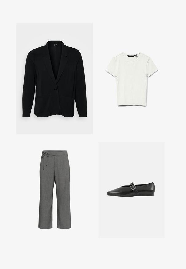 Blazer noir en tissu texturé, avec un col cranté, une fermeture à un bouton et deux poches avant. Coupe décontractée avec manches longues.; T-shirt blanc uni à manches courtes en coton côtelé, avec col rond, présenté à plat sur fond blanc.; Pantalon large gris avec un motif de fines rayures, taille haute et détail de ceinture à lien noué à la taille.; Chaussure plate en cuir noir avec un orteil pointu, présentant une sangle à boucle métallique sur le cou-de-pied et une semelle basse et flexible.