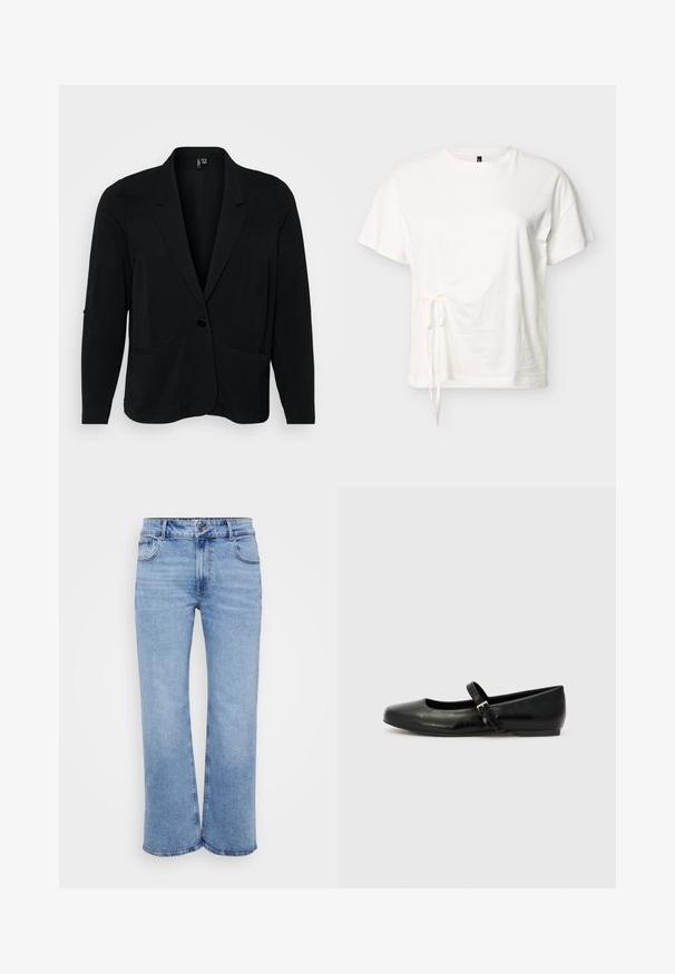 Sort blazer lavet af tekstureret stof, med en klippet krave, enkelt knaplukning og to frontlommer. Afslappet pasform med lange ærmer.; Hvid kortærmet bomuldst-shirt med rund halsudskæring og justerbar bindedetalje i siden på en ensfarvet baggrund.; Lysblå vidde jeans lavet af denim, med fem lommer, en frontlynlås og en knaplukning. Subtile syninger langs sømmene.; Sorte læder balletflade med rund tå, flad sål og en tynd justerbar rem over svangen med en metalspænde.