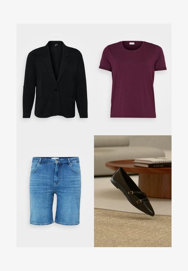 Čierny blazer vyrobený z textúrovaného materiálu, s klopovými reverzmi, jedným gombíkom a dvoma prednými vreckami. Uvoľnený strih s dlhými rukávmi.; Bordová kratká tričko s krátkym rukávom vyrobené z mäkkej textílie, s okrúhlym výstrihom a zvinutými rukávmi, s hladkou textúrou a voľným strihom.; Džínové šortky v stredne modrej farbe, s rovnými strihom, päť-pocket dizajnom a zapínaním na gombík. Mäkka textúra, hladko zakončené okraje.; Čierna balerína so špicatou špičkou a dvoma tenkými prackami, ktorá sa vznáša nad béžovým koberecom, s dreveným konferenčným stolíkom a knihami v pozadí.
