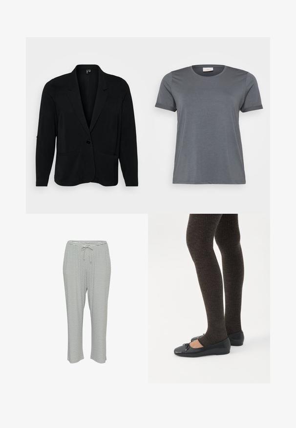 Blazer noir en tissu texturé, avec un col cranté, une fermeture à un bouton et deux poches avant. Coupe décontractée avec manches longues.; T-shirt gris à manches courtes en tissu doux, avec un col rond classique et des manches retroussées. Texture lisse sans motifs visibles.; Pantalons de pyjama rayés avec une taille élastique et un cordon de serrage, fabriqués en tissu doux. Motif de couleur : rayures horizontales blanches et noires.; Jambes portant des leggings côtelés foncés associés à des ballerines noires avec de petits détails en nœud sur fond blanc.