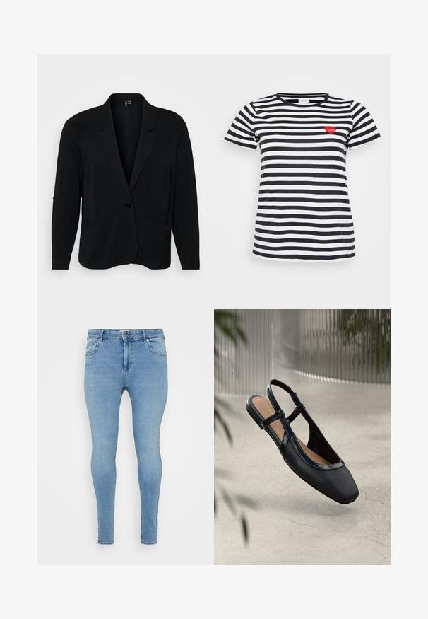 Schwarzer Blazer aus strukturiertem Stoff, mit Reverskragen, einer Knopfverschluss und zwei vorderen Taschen. Lässige Passform mit langen Ärmeln.; Schwarz-weißer gestreifter T-Shirt mit Rundhalsausschnitt und kurzen Ärmeln, mit einer kleinen roten Herzstickerei auf der linken Brust.; Hellblaue Skinny Jeans aus Denim, mit Knopf- und Reißverschluss, fünf Taschen und subtilen texturalen Variationen.; Schwarze Leder Slingback Ballerina mit rechteckiger Zehenpartie, ausgestattet mit einem glänzenden lackierten Besatz und verstellbaren Riemen für einen sicheren Sitz.