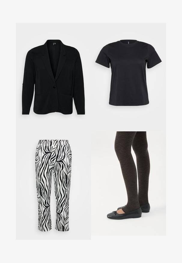 Sort blazer lavet af tekstureret stof, med en klippet krave, enkelt knaplukning og to frontlommer. Afslappet pasform med lange ærmer.; Sort bomulds-t-shirt med korte ærmer, rund halsudskæring, afslappet pasform og glat tekstur. Ingen synlige grafik eller mønstre.; Sorte og hvide stripede bukser med et flydende design, elastisk talje og let udvidede ben med en tekstureret finish.; Ben iført mørke ribbede leggings kombineret med sorte balletsko med små sløjfedetaljer på hvid baggrund.