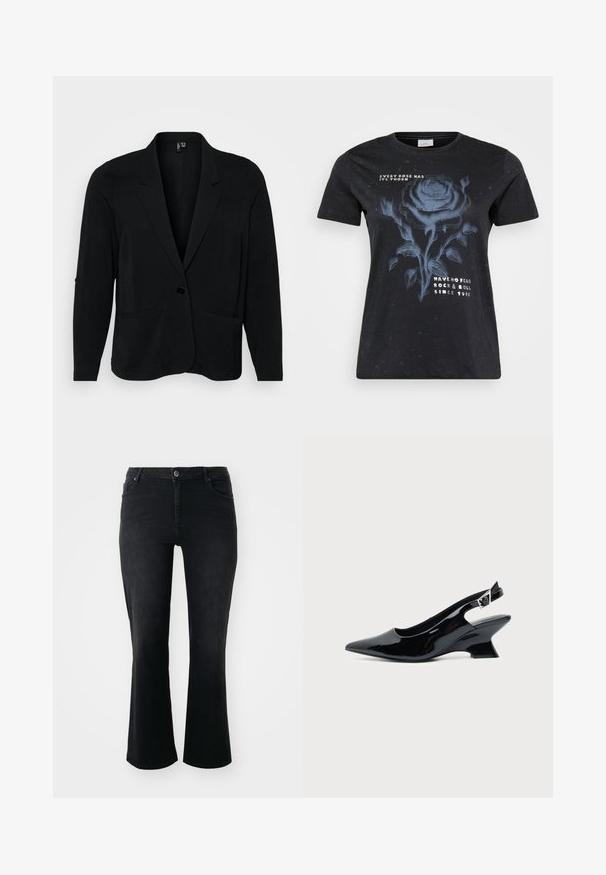 Schwarzer Blazer aus strukturiertem Stoff, mit Reverskragen, einer Knopfverschluss und zwei vorderen Taschen. Lässige Passform mit langen Ärmeln.; ONLY Carmakoma CARMIKO WASHED SS REG TEE JRS - T-Shirt print - black; Schwarze Denim-Jeans mit mittelhohem Bund, vorderem Knopf, zwei Vorder- und zwei Hintertaschen sowie weiter Schnitt.; Schwarzer Slingback-Schuh aus Lackleder mit spitzer Spitze und niedrigem, schrägem Blockabsatz auf einfachem hellem Hintergrund.