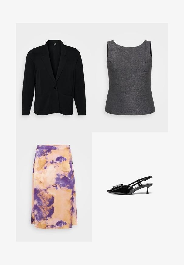 Čierny blazer vyrobený z textúrovaného materiálu, s klopovými reverzmi, jedným gombíkom a dvoma prednými vreckami. Uvoľnený strih s dlhými rukávmi.; Top bez rukávov v tmavošedej farbe s kovovým leskom, s okrúhlym výstrihom a priliehavým strihom, vyrobený z textúrovanej tkaniny.; Fialová a oranžová tie-dye midi sukňa vyrobená z jemného materiálu s A-liniovým strihom a jemnou textúrou, s hladkým pásom a splývavým dizajnom.; Čierne lakované kožené slingback opätky s špicatou špičkou, mašľou na prednej strane a malým ihličkovým podpätkom. Popruhy majú nastaviteľné spony.