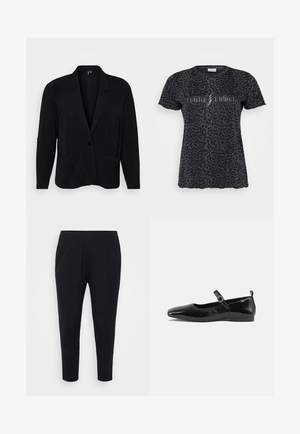 Čierny blazer vyrobený z textúrovaného materiálu, s klopovými reverzmi, jedným gombíkom a dvoma prednými vreckami. Uvoľnený strih s dlhými rukávmi.; ONLY Carmakoma CARMIKO WASHED SS REG TEE JRS - Tričko s potlačou - phantom; Čierne nohavice s voľným strihom, elastickým pásom a jemnými skladačkami. Vyrobené z mäkkej textílie, s priliehavými nohavicami a bez vreciek.; Čierne lakované baleríny s špicatou špičkou, remienkom na členku so sponou a hladkým, lesklým povrchom. Nízky podpätok pre pohodlie.