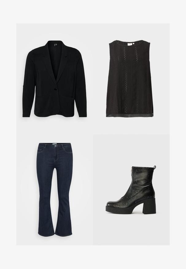 Sort blazer lavet af tekstureret stof, med en klippet krave, enkelt knaplukning og to frontlommer. Afslappet pasform med lange ærmer.; Sort ærmeløs bluse med blonde mønster, rund halsudskæring og bølget kant, vist mod en ensfarvet lys baggrund.; Mørkeblå høj talje denim jeans med tætsiddende lår og let flared nederst, med forlommer og knaplukning.; Sorte ankelstøvler med en struktureret, reptil-lignende overflade. Har en bred hæl og lynlås i siden til lukning. Justerbar trækkrog bagpå.