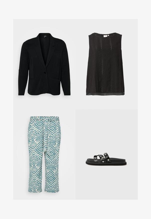 Sort blazer lavet af tekstureret stof, med en klippet krave, enkelt knaplukning og to frontlommer. Afslappet pasform med lange ærmer.; Sort ærmeløs bluse med blonde mønster, rund halsudskæring og bølget kant, vist mod en ensfarvet lys baggrund.; Lette cropped bukser med et geometrisk blåt og hvidt mønster, med en bundet talje og glat tekstur.; Sorte slidesandaler med tre brede remme, prydet med sølvnitter. Glat lædermateriale med flad sål og tekstureret fodseng.