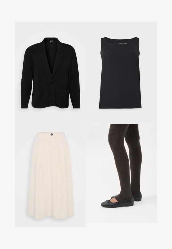 Sort blazer lavet af tekstureret stof, med en klippet krave, enkelt knaplukning og to frontlommer. Afslappet pasform med lange ærmer.; Sort ærmeløs tanktop med firkantet halsudskæring, vist på en enkel lys baggrund.; En cremefarvet midi-nederdel med læg, frontknaplukning og en glat tekstur, designet til en afslappet pasform.; Ben iført mørke ribbede leggings kombineret med sorte balletsko med små sløjfedetaljer på hvid baggrund.
