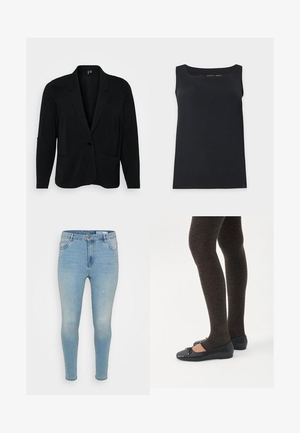 Sort blazer lavet af tekstureret stof, med en klippet krave, enkelt knaplukning og to frontlommer. Afslappet pasform med lange ærmer.; Sort ærmeløs tanktop med firkantet halsudskæring, vist på en enkel lys baggrund.; Lyseblå denimbukser med slim fit, der har en mellemhøj talje, klassisk fem-lomme design og subtile slidte detaljer på fronten.; Ben iført mørke ribbede leggings kombineret med sorte balletsko med små sløjfedetaljer på hvid baggrund.