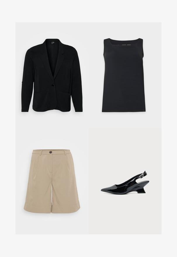 Schwarzer Blazer aus strukturiertem Stoff, mit Reverskragen, einer Knopfverschluss und zwei vorderen Taschen. Lässige Passform mit langen Ärmeln.; Schwarzes ärmelloses Tanktop mit quadratischem Ausschnitt, auf einfachem hellem Hintergrund präsentiert.; Khaki-Shorts aus leichtem Material, mit flacher Vorderseite, Falten, Knopfverschluss und umgeschlagenen Säumen. Einfaches und maßgeschneidertes Design.; Schwarzer Slingback-Schuh aus Lackleder mit spitzer Spitze und niedrigem, schrägem Blockabsatz auf einfachem hellem Hintergrund.