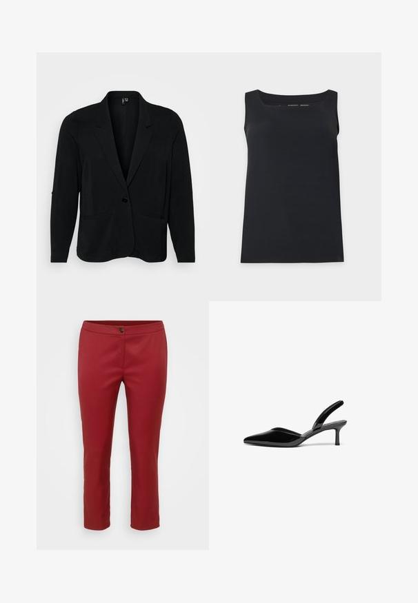 Sort blazer lavet af tekstureret stof, med en klippet krave, enkelt knaplukning og to frontlommer. Afslappet pasform med lange ærmer.; Sort ærmeløs tanktop med firkantet halsudskæring, vist på en enkel lys baggrund.; Røde skræddersyede bukser i glat stof, med en frontlukning med knap og lige ben, designet til en tætsiddende silhuet.; Sorte patentlæder slingback hæle med spids tå, lav stiletto hæl og et elegant, enkelt design uden pynt.