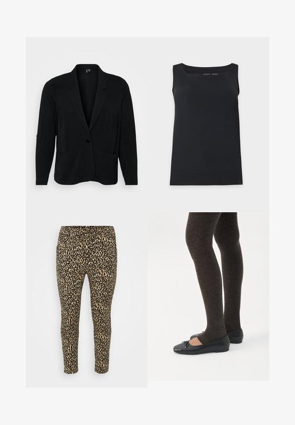 Blazer negro hecho de tejido texturizado, con solapa muesca, cierre de un solo botón y dos bolsillos frontales. Corte relajado con mangas largas.; Camiseta sin mangas negra con escote cuadrado, mostrada sobre un fondo claro y liso.; Leggings con estampado de leopardo en tono beige y negro, que presentan una cintura con cordón, ajuste ceñido y una tela suave y elástica para mayor comodidad.; Piernas con leggings oscuros acanalados combinados con bailarinas negras que presentan pequeños detalles de lazo sobre un fondo blanco.