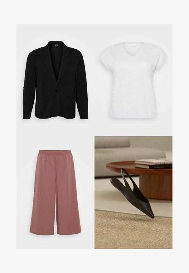 Schwarzer Blazer aus strukturiertem Stoff, mit Reverskragen, einer Knopfverschluss und zwei vorderen Taschen. Lässige Passform mit langen Ärmeln.; Weißes, kurzärmliges V-Ausschnitt-T-Shirt mit einem subtilen Schimmer-Effekt, das einen lässigen Schnitt aufweist und keine sichtbaren Muster oder Akzente hat.; Weite Hosen aus einem weichen, strukturierten Stoff mit einem elastischen Bund. Die Farbe ist ein sanftes Rosa, das das fließende Design unterstreicht.; Schwarzer Slingback-Flachschuh mit spitzer Spitze neben rundem Holztisch mit gestapelten Büchern auf beigem Teppich in modernem Wohnzimmer.