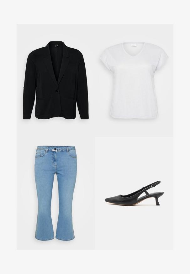 Sort blazer lavet af tekstureret stof, med en klippet krave, enkelt knaplukning og to frontlommer. Afslappet pasform med lange ærmer.; Hvid kortærmet V-hals t-shirt med en subtil skimmereffekt, der har en afslappet pasform og ingen synlige mønstre eller accenter.; Lys blå denim flared jeans med fem lomme-design, der har en knaplukning og kontrasterende syninger langs sømmene.; Sort læder slingback-sko med spidse tæer, lav blokhæle, udskårne sidedele og justerbar ankelrem. Glat tekstur hele vejen igennem.