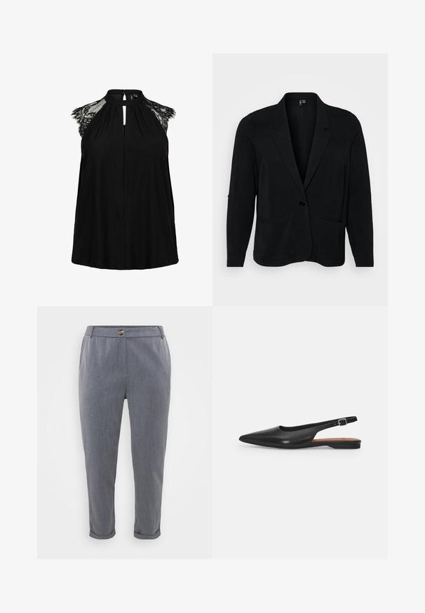 Blazer noir en tissu texturé, avec un col cranté, une fermeture à un bouton et deux poches avant. Coupe décontractée avec manches longues.; Haut noir sans manches avec manches courtes en dentelle, col montant avec fermeture à bouton, et détail à découpe en forme de goutte à l'avant.; Pantalons gris ajustés avec une texture tissée lisse, ourlets à enfiler, poches avant et fermeture à bouton à la taille.; Chaussure slingback en cuir noir avec un bout pointu, un léger éclat et une bride de cheville réglable. Talon plat avec une semelle intérieure marron.