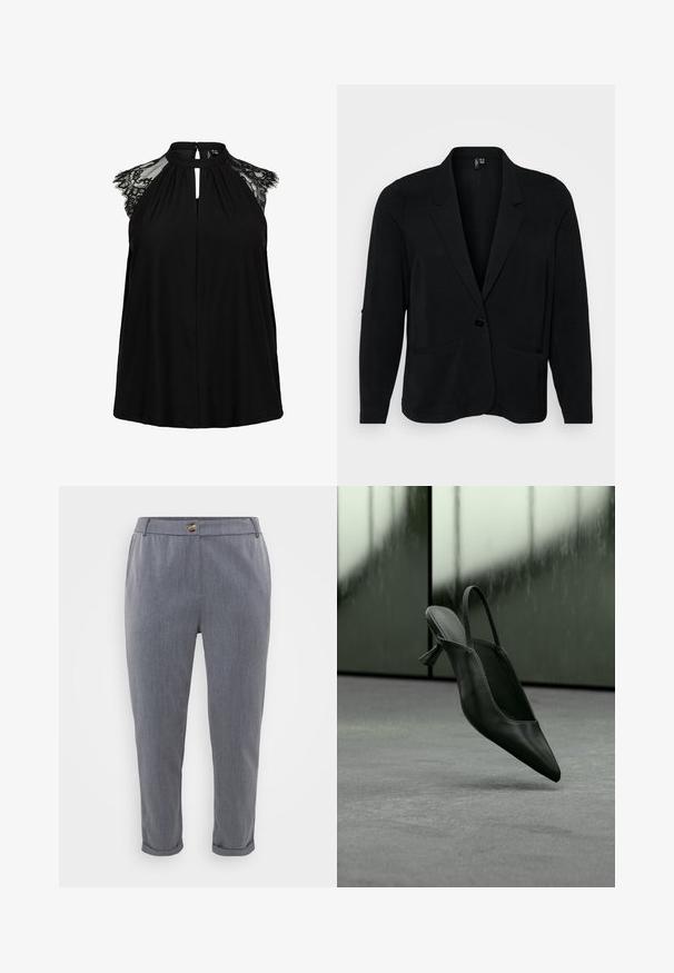 Blazer noir en tissu texturé, avec un col cranté, une fermeture à un bouton et deux poches avant. Coupe décontractée avec manches longues.; Haut noir sans manches avec manches courtes en dentelle, col montant avec fermeture à bouton, et détail à découpe en forme de goutte à l'avant.; Pantalons gris ajustés avec une texture tissée lisse, ourlets à enfiler, poches avant et fermeture à bouton à la taille.; Escarpin à talon haut en cuir noir avec bride arrière et bout pointu, flottant au-dessus d'un sol recouvert de moquette grise, mur verdâtre flou en arrière-plan.