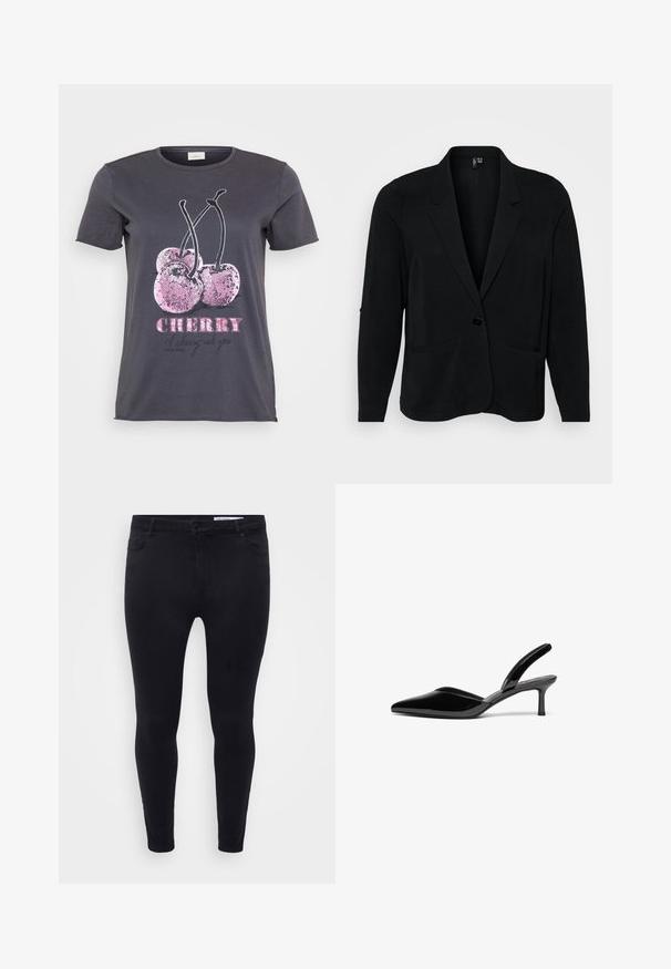Blazer negro hecho de tejido texturizado, con solapa muesca, cierre de un solo botón y dos bolsillos frontales. Corte relajado con mangas largas.; Camiseta gris con un gráfico de cereza con acentos de purpurina rosa, la palabra "CHERRY" en negrita rosa y texto adicional en negro.; Jeans negros de corte slim fit hechos de denim elástico, con cierre delantero de botón, trabillas para cinturón y cinco bolsillos con una textura suave.; Tacones slingback de charol negro con punta afilada, tacón de aguja bajo y un diseño elegante y simple sin adornos.