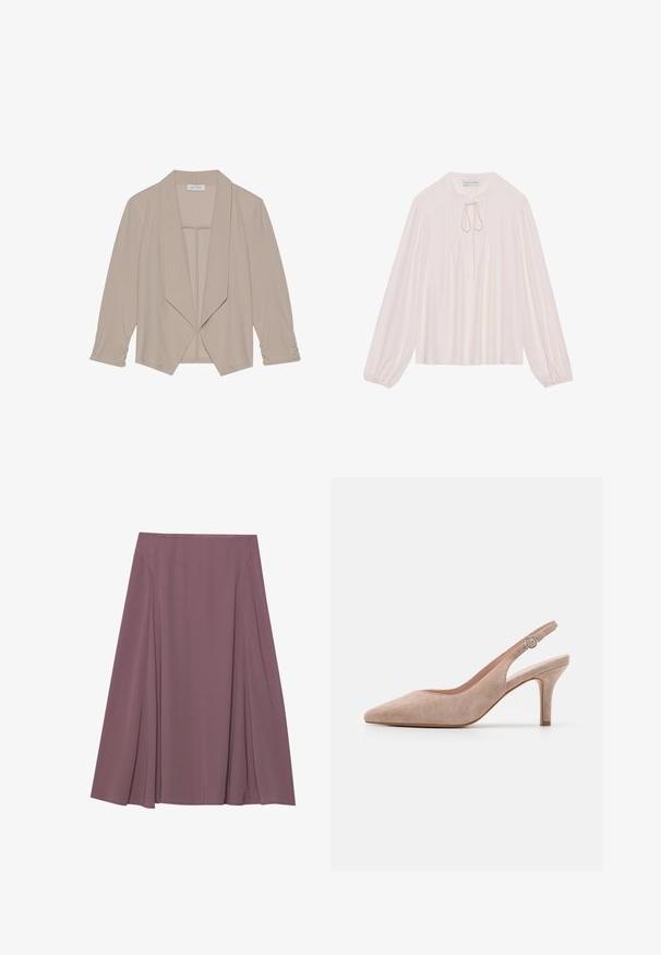 Blazer beige de mujer con apertura frontal, mangas largas y solapas anchas, exhibido sobre un fondo blanco liso.; Blusa de manga larga rosa claro con cuello en forma de llave, lazo al cuello, parte delantera con pliegues y puños fruncidos. Tejido suave, corte relajado y diseño minimalista.; Una falda hasta la rodilla en un color malva apagado, hecha de una tela ligera con un diseño plisado y una textura suave. Sin cierres visibles.; Zapato de tacón alto tipo slingback en suave ante beige, con punta afilada, tacón delgado y correa ajustable en el tobillo con hebilla redonda.