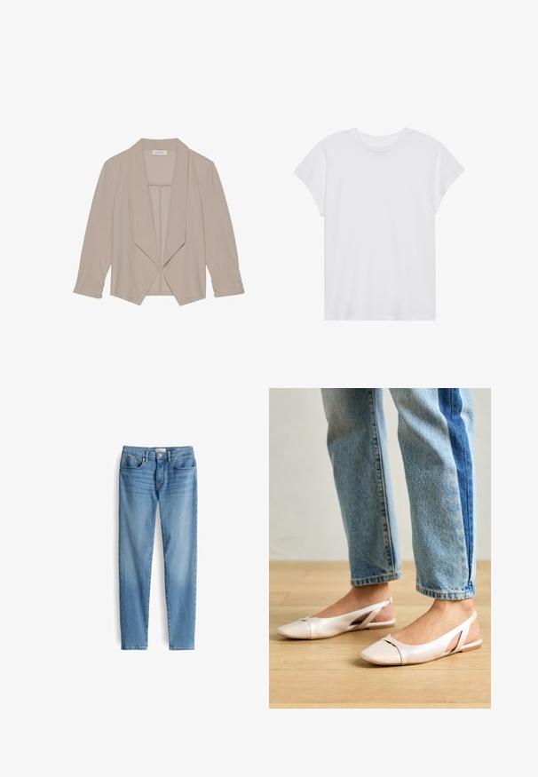 Beige damesblazer met open voorkant, lange mouwen en brede revers, uitgestald tegen een effen witte achtergrond.; Witte t-shirt met korte mouwen, ronde hals, relaxte pasvorm, gemaakt van zacht katoen. Glad textuur, geen patronen of logo's.; Lichtblauwe spijkerbroek met een rechte pijp, vijf zakken en een knoopsluiting. De stof heeft een gladde textuur met subtiele vervaging.; Zachtroze slingback ballerina's met een spitse neus, gemaakt van een glad leerachtig materiaal. Bevat uitsnijdingen aan de zijkanten en heeft een platte hak.