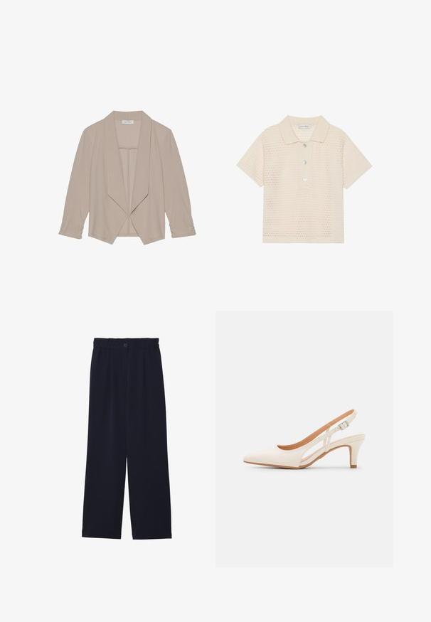 Beige kvindes åben-front blazer med lange ærmer og brede revers, vist på en ensartet hvid baggrund.; Cremefarvet polo t-shirt med perforeret design, korte ærmer og foldet krave. Har tre knaps lukning foran med klare knapper.; Marineblå brede bukser med en glat tekstur, elastisk talje, enkel frontfold og en knaplukning i taljen.; Hvide slingback hæle med spids tå, glat overmateriale, lav blokhæl og sideudskæringsdesign med justerbar spænderem.