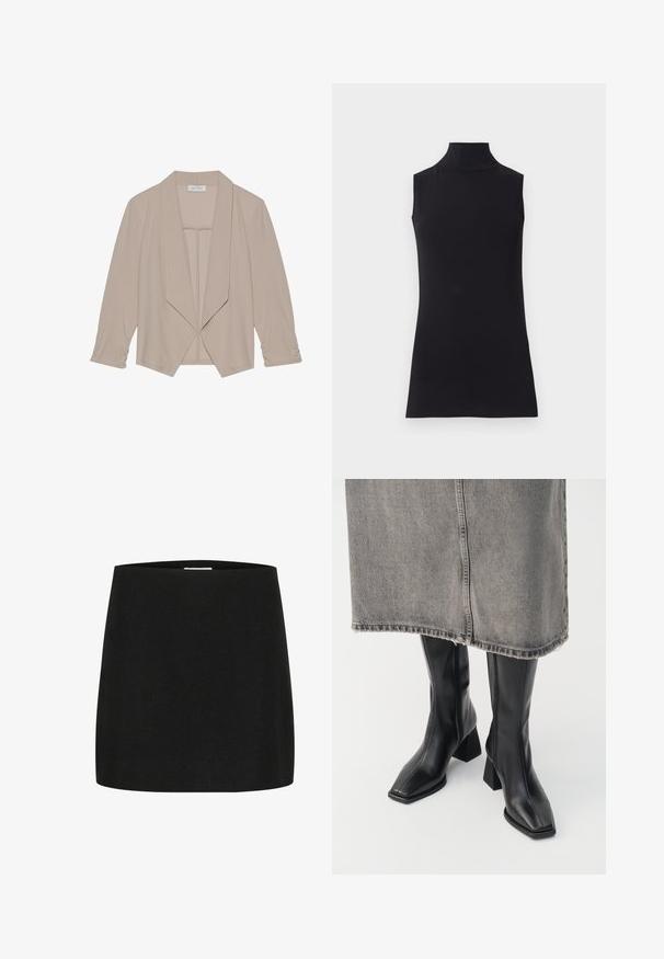 Beige kvindes åben-front blazer med lange ærmer og brede revers, vist på en ensartet hvid baggrund.; Sort ærmeløs turtleneck top, lavet af glat stof. Figurtilpasset design med høj hals og lige kant, minimalistisk og ensfarvet.; Sort mini-skjorte lavet af tekstureret stof, med en simpel, lige skæring uden synlige udsmykninger eller mønstre.; Sorte knæhøje støvler i glat læder med firkantet tå og blokeret hæl. Båret med en grå denimnederdel med flosset kant.