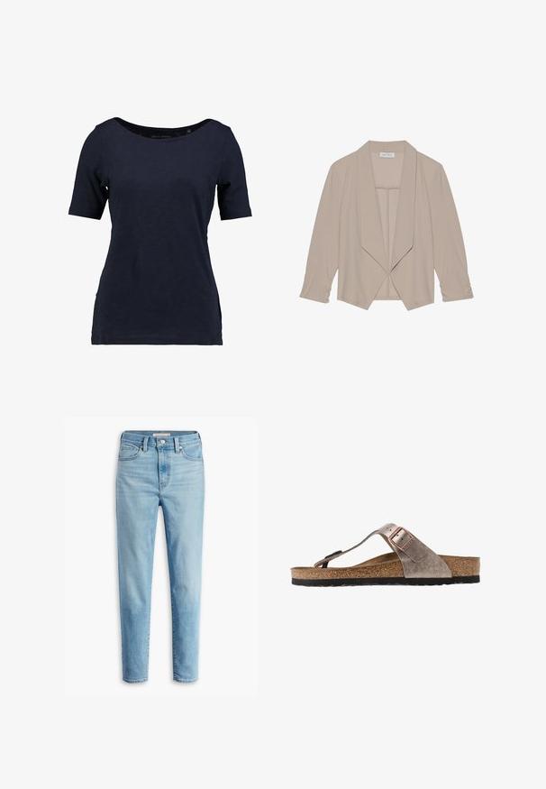Beige kvindes åben-front blazer med lange ærmer og brede revers, vist på en ensartet hvid baggrund.; Mørkeblå kortærmet t-shirt lavet af bomuld. Har en rund halsudskæring og en afslappet pasform med sideudskæringer for bedre bevægelsesfrihed.; Lyseblå højtaljede denimjeans med forlommer, bæltestropper, knaplukning og tapered ben på en hvid baggrund.; Brune læderflip-flop sandal med en tekstureret overflade, justerbar rem med en metalspænde og en polstret korkfodseng. Sorte ydersål.