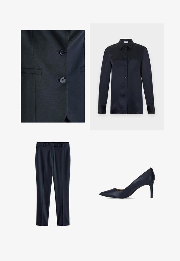 Zwarte colbert met een glad oppervlak, twee zwarte knopen en één borstzak met gestikte details op het revers.; Zwarte zijden blouse met lange mouwen, puntige kraag, knoopsluiting aan de voorkant en manchetten aan de mouwen, getoond op een effen lichte achtergrond.; Marineblauwe broek van gladde stof met een rechte snit, voorzien van een tailleband met riemlussen en zijzakken.; Marineblauwe hoge pump van soepel leer, met een spitse neus en een slanke hak. Eenvoudig ontwerp zonder extra versieringen.