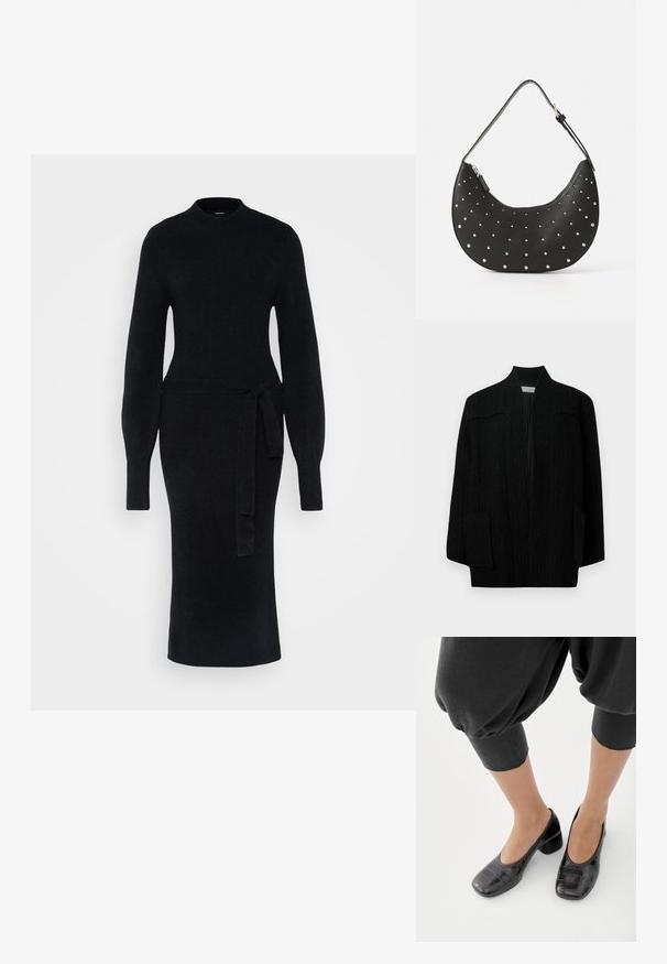 Sort cardigan med et struktureret strikkemønster, brede ærmer og sidelommer. Har en høj krave og åben frontdesign.; Sort strikket kjole med lange ærmer, en høj halsudskæring og en taljebånd. Silhuetten er tætsiddende med en lige midi-længde søm.; Fødder iført sorte sko med firkantet tå, lav blokhæl med krokodillemønster og cropped sorte bukser mod en hvid baggrund.; Sort læderhåndtaske med en buet form, prydet med sølvfarvede nitter, med lynlåslukning og et enkelt justerbart strop.