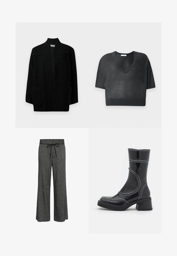 Sort cardigan med et struktureret strikkemønster, brede ærmer og sidelommer. Har en høj krave og åben frontdesign.; Sort cropped T-shirt i let stof med V-hals, korte ærmer og ribbet kant. Minimalistisk design uden mønstre eller accenter.; Viddebenede bukser i en struktureret mørkegrå stof, med en snoretræk i taljen og en afslappet pasform, der har subtile farvevariationer.; Sort patenteret læder ankelstøvle med hvid stikning, rund tå og blokhæl. Har buede designlinjer og en glat tekstur.