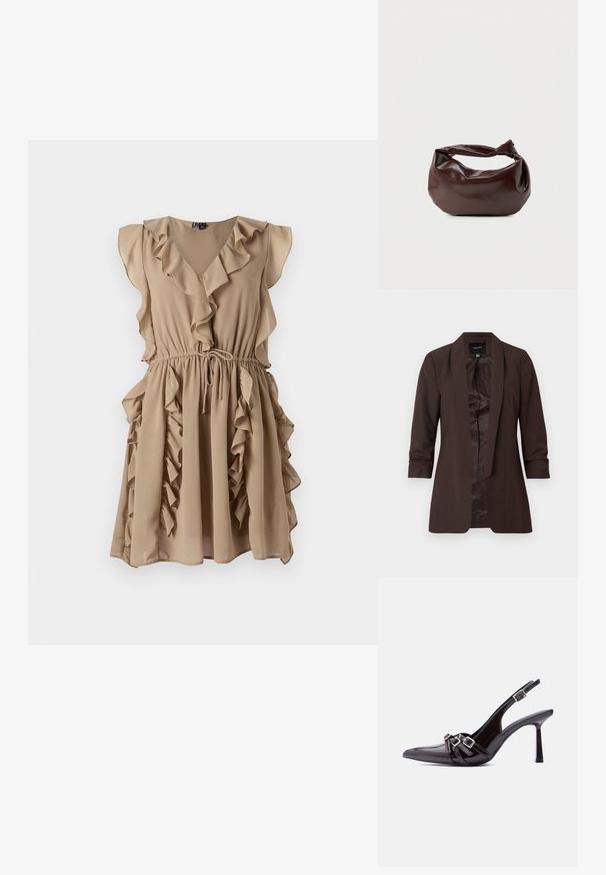 Blazer marrón de manga larga con cuello chal y delantero abierto, con un forro interior liso y ajuste entallado.; Vestido beige con escote en V, mangas acampanadas y volantes verticales a lo largo del cuerpo y la falda. Cuenta con una cintura ajustable con cordón.; Zapato de tacón alto tipo slingback de charol negro con punta afilada y tres correas decorativas con hebillas sobre la parte superior.; Bolso de hombro de cuero marrón oscuro con una forma suave y caída, y un asa con nudo torcido sobre un fondo blanco liso.