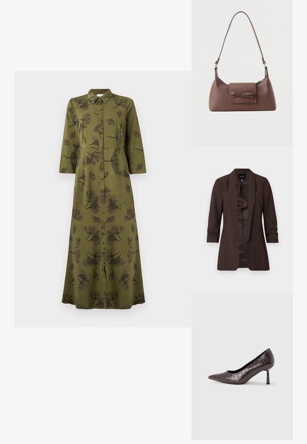 Bruine blazer met lange mouwen, sjaalkraag en open voorkant, met een gladde voering en een getailleerde pasvorm.; Olijfgroen maxi-jurk met lange mouwen, zwart bloemenpatroon, knoopsluiting aan de voorkant en een kraag.; Bruine nepleren pumps met een puntige neus en krokodillenstructuur, voorzien van een slanke, hoekige hak en een gladde binnenvoering.; Bruine leren schoudertas met een voorvak met klep en een gestikte strikdetail en een verstelbare band.