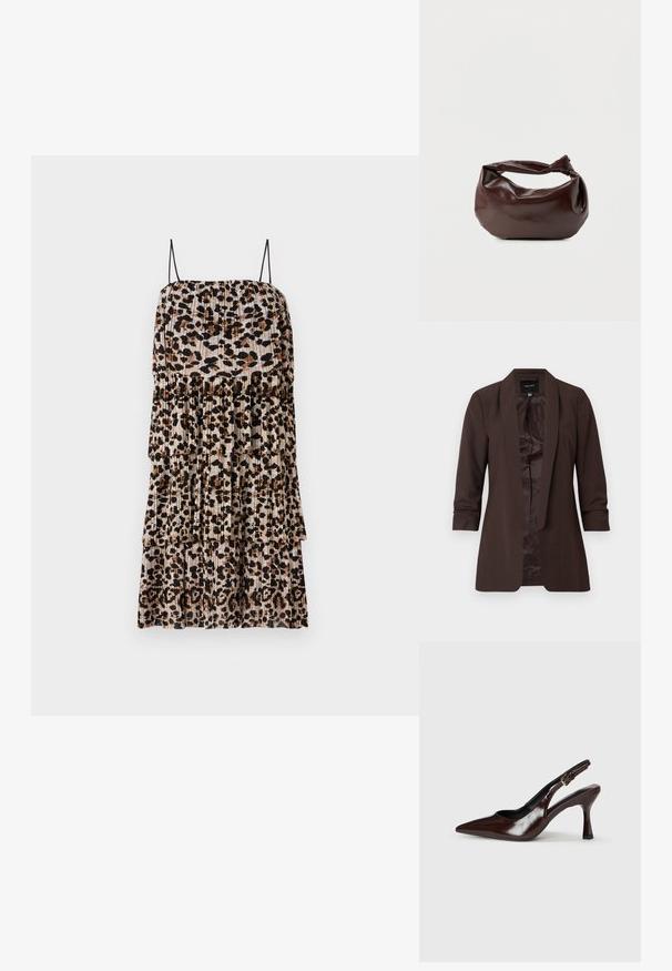 Blazer marrón de manga larga con cuello chal y delantero abierto, con un forro interior liso y ajuste entallado.; Vestido midi plisado con estampado de leopardo en tonos marrones y negros. Presenta tirantes finos negros y capas escalonadas.; Zapatos de tacón slingback de charol marrón con punta afilada, tacón delgado y correa ajustable con una pequeña hebilla.; Bolso de hombro de cuero marrón oscuro con una forma suave y caída, y un asa con nudo torcido sobre un fondo blanco liso.