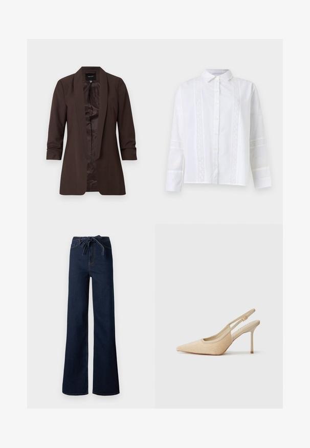 Brun blazer med lange ærmer, sjalskrave og åben front, med en glat inderforing og skræddersyet pasform.; Hvid langærmet skjorte med knapper, krave og lodrette blonderpaneler foran og rundt ærmerne.; Mørkeblå viddeben jeans med høj talje, frontbånd og klassisk fem-lomme design.; Beige slingback højhælede sko med spids tå, lavet af tekstureret materiale, med en slank hæl og justerbar rem.