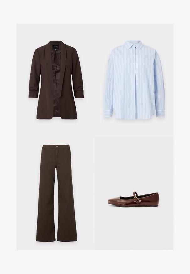 Blazer marron manches longues avec col châle et devant ouvert, doté d’une doublure intérieure lisse et d’une coupe cintrée.; Chemise bleu clair à manches longues avec des rayures verticales blanches, trois boutons blancs sur la patte de boutonnage avant, et un col classique sur fond uni.; Pantalons larges taille haute marron foncé avec fermeture à bouton et passants de ceinture, présentés sur un fond blanc uni.; Ballerine en cuir verni marron avec un bout carré et une lanière ornée d'une petite boucle dorée. Texture lisse, talon bas et design minimaliste.
