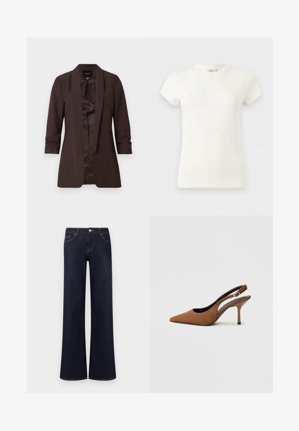 Blazer marron manches longues avec col châle et devant ouvert, doté d’une doublure intérieure lisse et d’une coupe cintrée.; T-shirt blanc uni en coton à manches courtes et col rond, présenté sur un fond gris clair.; Jean en denim bleu foncé à jambes larges avec poches avant, fermeture par bouton et fermeture éclair, et coutures contrastantes visibles.; Escarpins slingbacks en daim marron avec un bout pointu, un talon aiguille fin et une boucle en accent sur la bride. Finition texturée.