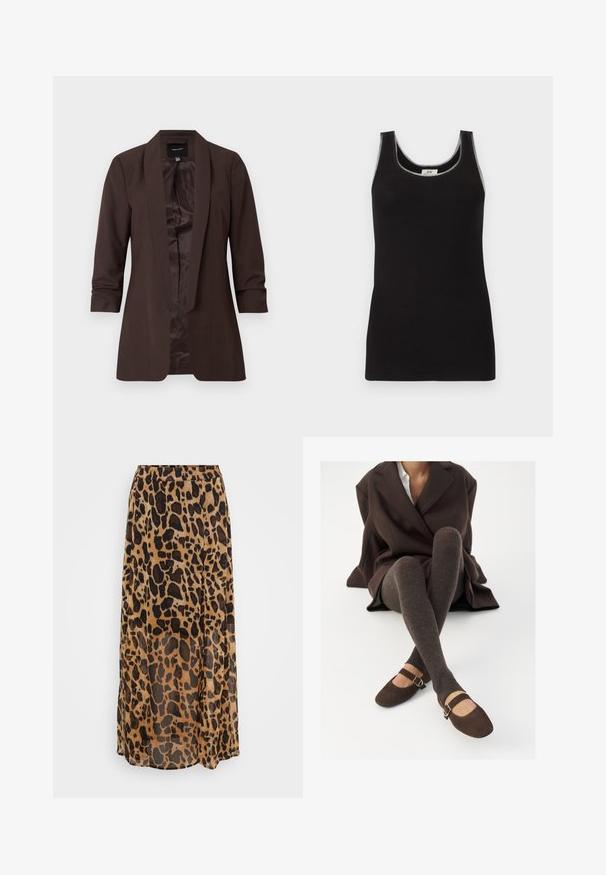 Brun blazer med lange ærmer, sjalskrave og åben front, med en glat inderforing og skræddersyet pasform.; Sort ribbet ærmeløs tanktop med rund halsudskæring, vist mod en ensfarvet lysegrå baggrund.; Maxi nederdel i leopardmønster i nuancer af brun og sort, lavet af letvægtsstof med et flydende design og elastisk talje.; Brune ribbede knæhøje sokker parret med brune ruskinds Mary Jane sko med en dekorativ rem og spænde, båret med en mørk frakke.