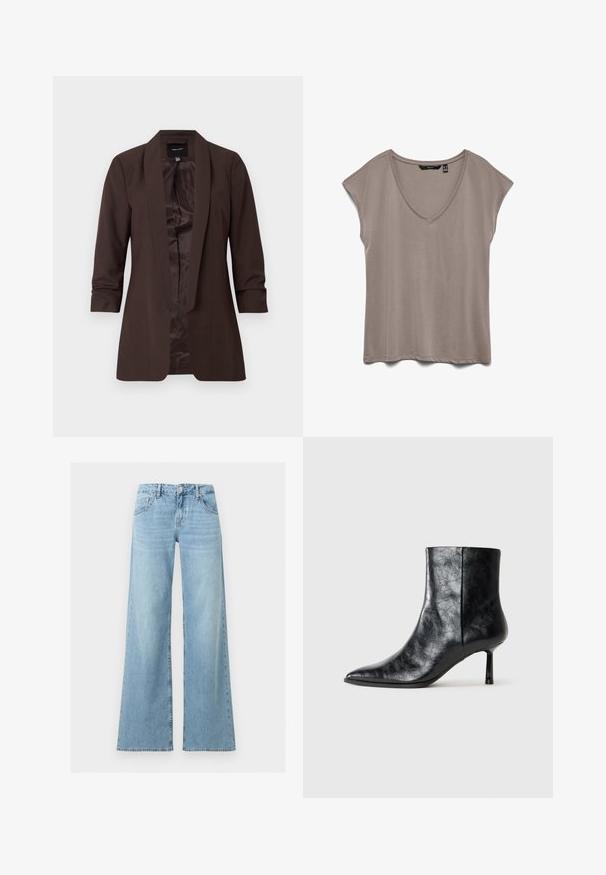 Brun blazer med lange ærmer, sjalskrave og åben front, med en glat inderforing og skræddersyet pasform.; Kortærmet kvindetop i taupe med V-udskæring og løs pasform, lagt fladt på en hvid baggrund.; Lyseblå højtaljede jeans med vide ben, forreste knap og lynlås, samt klassisk fem-lomme design.; Sort læder ankelstøvle med spids tå og en tynd, kort hæl. Har en tekstureret overflade og et rent design med en sømløs side.