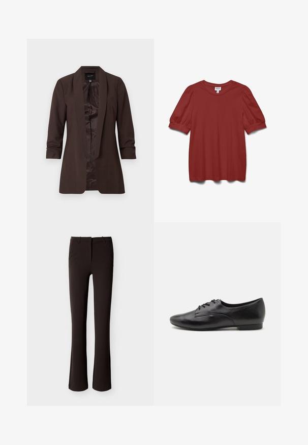 Bruine blazer met lange mouwen, sjaalkraag en open voorkant, met een gladde voering en een getailleerde pasvorm.; Roodbruine korte mouwen blouse met pofmouwen, een ronde hals en een aansluitend manchetdetail.; Zwarte slim-fit broek met lichte uitlopende pijpen, ritssluiting aan de voorkant en riemlussen, plat liggend weergegeven op een witte achtergrond.; Zwarte leren veterschoenen met een gladde textuur, ronde neus, lage hak en eenvoudig ontwerp. Zijaanzicht dat de slanke vorm en stiksels benadrukt.