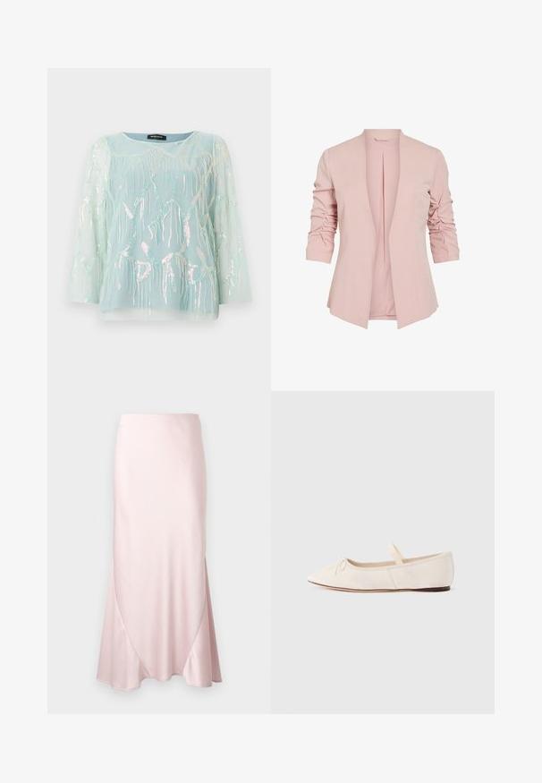 Blazer rose pâle avec des manches trois-quarts, devant ouvert et un léger ruché aux manches. Texture lisse avec des lignes épurées.; Haut bleu clair avec manches longues transparentes, présentant des motifs complexes de méduses pailletées et un col rond, offrant une apparence douce et texturée.; Jupe midi en satin rose clair avec une silhouette évasée en A et des détails subtils de coutures diagonales sur un fond uni.; Ballerines en daim beige clair, bout pointu et fine bride élastique sur le dessus. Semelle plate avec un léger accent en caoutchouc.