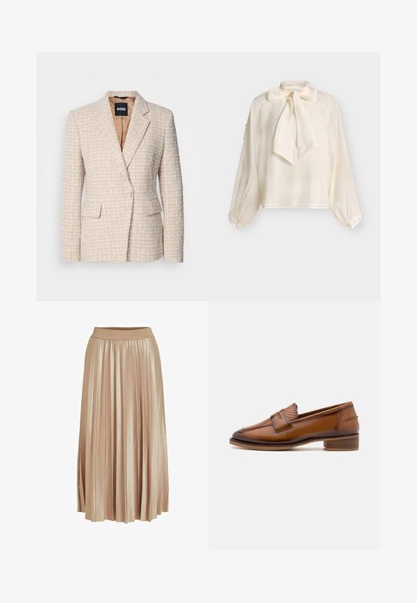 Blazer beige en tissu texturé avec un motif tissé, doté d'un col cranté, de deux poches avant et d'une doublure intérieure en satin.; Blouse crème à manches longues avec un large nœud à nouer au col et des poignets à boutons, présentée sur un fond clair uni.; Jupe midi plissée en satin beige clair. Dotée d'une large taille élastique et de plis verticaux élégants sur toute sa longueur.; Mocassins en cuir marron avec un panneau avant tissé texturé, bout rond et petit talon empilé. Finition lisse avec des détails de couture subtils.
