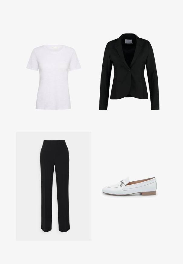 Schwarzer Blazer mit Reverskragen, einreihiger Knopfverschluss und zwei seitlichen Taschen. Glattes Material mit strukturiertem Schnitt und langen Ärmeln.; Weißes T-Shirt mit kurzen Ärmeln aus weichem, leichtem Stoff. Hat einen runden Ausschnitt und eine glatte Textur mit einem leichten Glanz.; Schwarze, gerade geschnittene Hosen mit glatter Textur. Verfügt über einen Bund und keine sichtbaren Muster oder Akzente. Klassisches und maßgeschneidertes Design.; Weiße Lederloafers mit flacher Sohle, ausgestattet mit einem Metallschmuckelement an der Vorderseite, glatter Oberfläche und genähten Details entlang der Kanten.