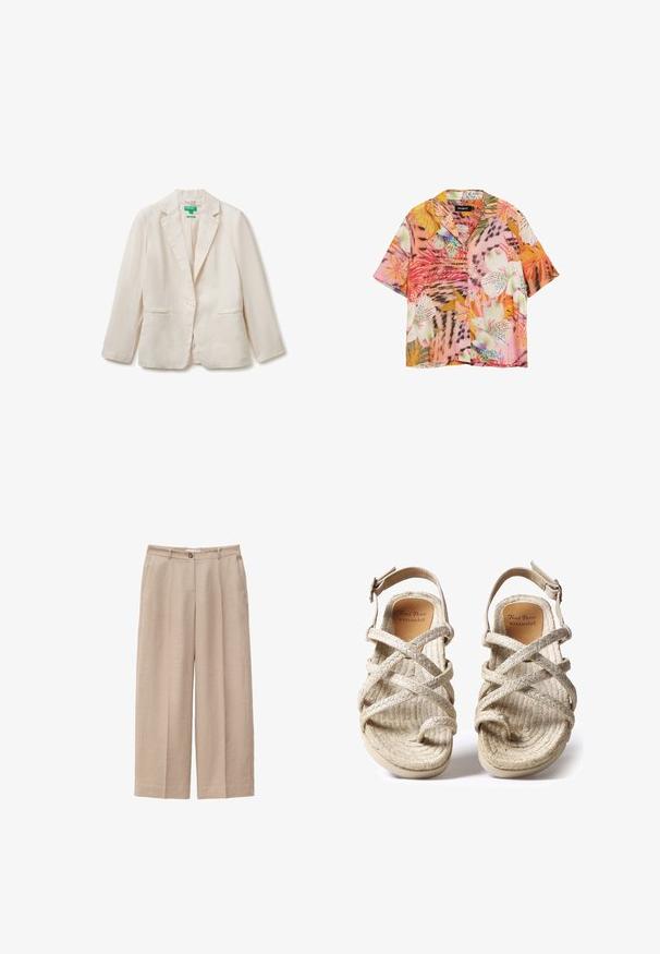 Blazer beige claro de un solo botón con solapas con muesca y dos bolsillos delanteros de ojal, presentado sobre un fondo blanco liso.; Camisa de manga corta con botones y patrones vibrantes de flores y hojas tropicales en tonos rosa, naranja, blanco y verde.; Pantalones beige de pierna ancha con cierre frontal de botón y cremallera, trabillas para cinturón y bolsillos laterales, hechos de tela texturizada.; Sandalias tejidas en color beige con diseño de tiras cruzadas, fabricadas con fibras naturales texturizadas, que cuentan con una suela plana y una correa ajustable en el tobillo.