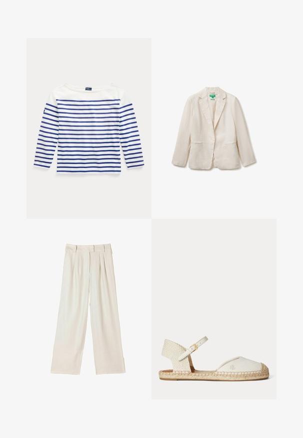 Lichtbeige blazer met één knoop, met ingesneden revers en twee voorzakken met paspels, afgebeeld op een effen witte achtergrond.; Lange mouw top in witte katoen met horizontale blauwe strepen. Heeft een bootnek en een klein logolabel op de linkermouw.; Wijde broekspijpen in lichtbeige stof, met dubbele plooien aan de voorkant en een rechte snit, met een gladde textuur en zonder zichtbare hardware.; Witte espadrille sandaal met gevlochten hak, enkelriem met gouden gesp en "RL" logo op canvas teenkap, platte jutesoel.