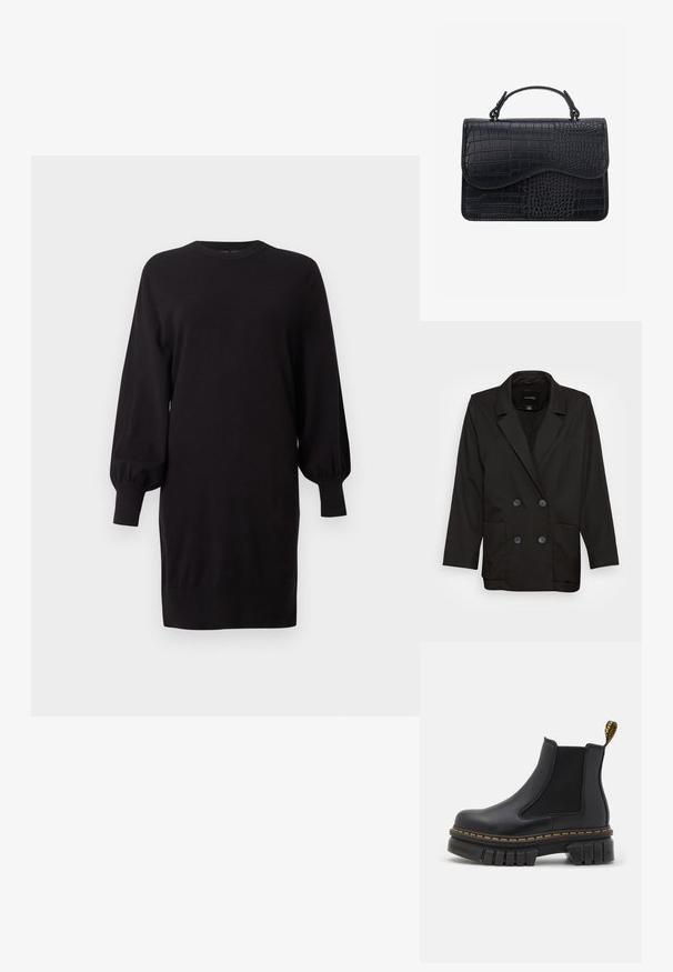 Monki Blazer - black dark; Robe-pull noire à manches longues avec manches ballon et poignets côtelés, col rond et ourlet droit, présentée sur un fond uni.; Bottine chelsea noire en cuir et élastique. Dotée d'une semelle en caoutchouc épaisse, de coutures jaunes et d'une languette à l'arrière.; Sac à main en cuir noir avec texture crocodile, forme rectangulaire, rabat incurvé et poignée courte sur le dessus.